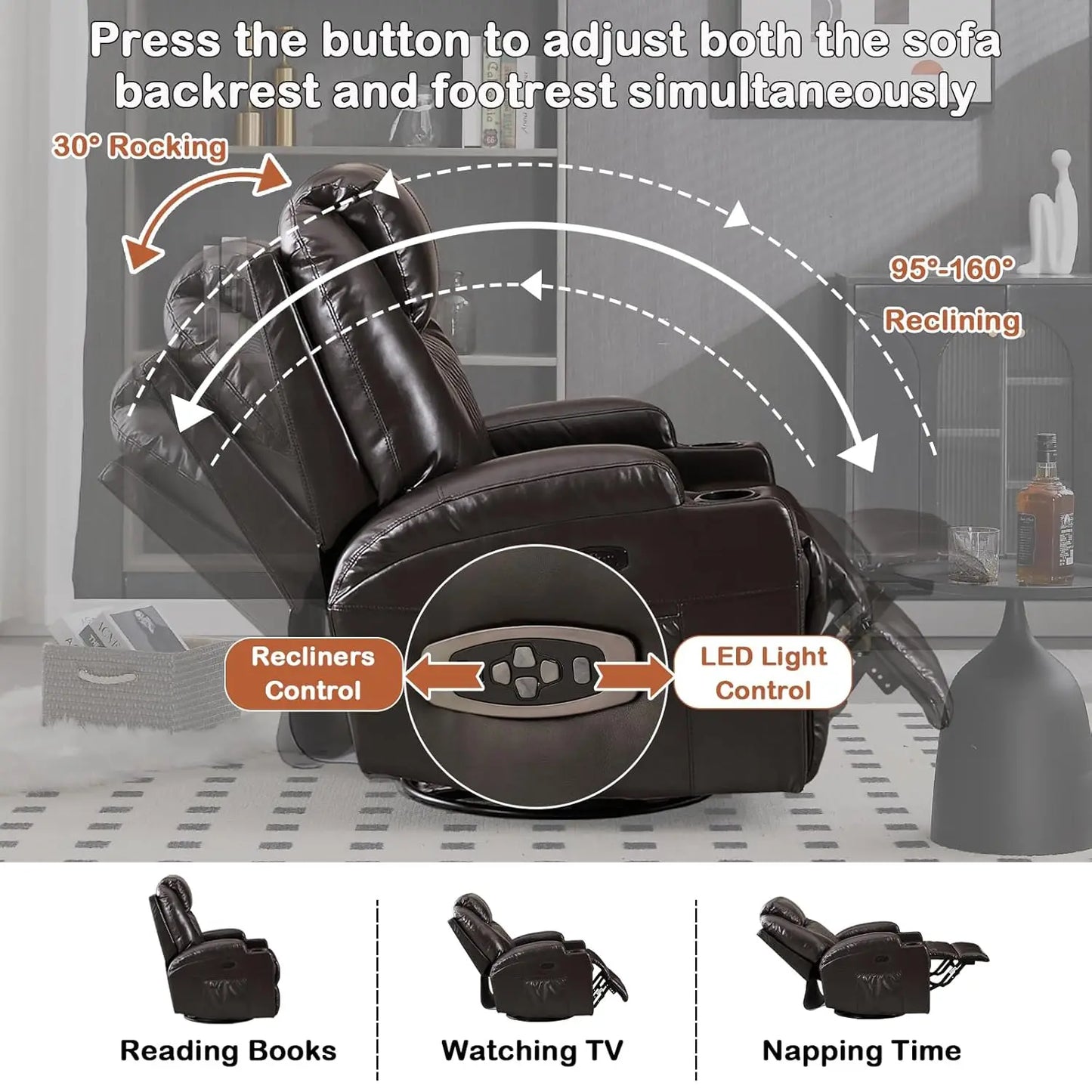 Power Swivel Rocker Recliner ,Heat Massage Cup Holder LED Lights USB , Comfortable Rocking Chair