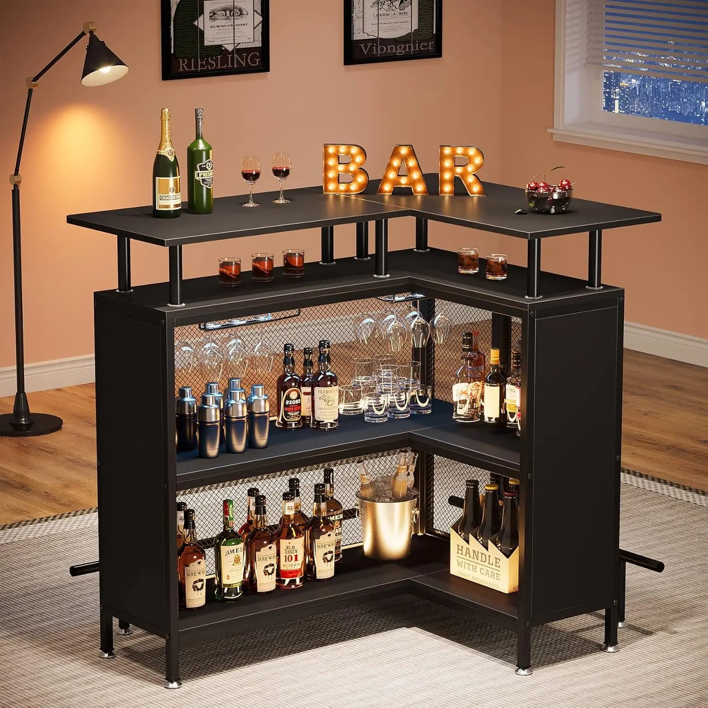 L-Shaped Bar Table with Stemware Racks and 2-Tier Shelves with footrest