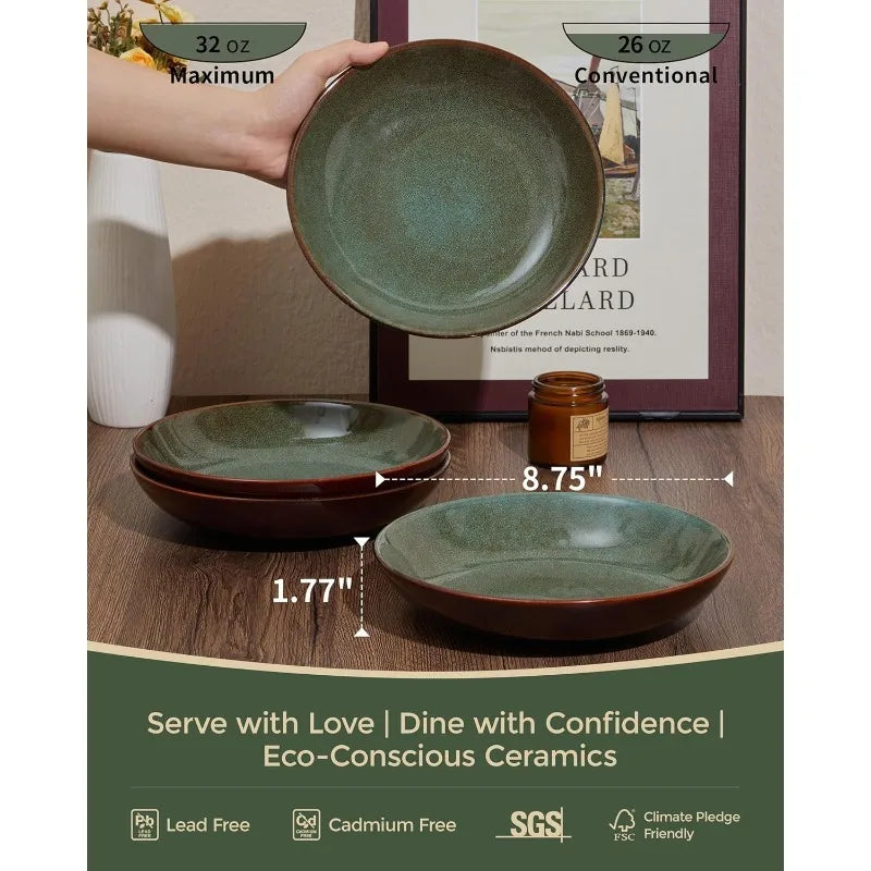 16 Piece Double Bowl Dinnerware Sets, with Pasta Bowls, Natural Earth ware Service for 4 Sage Green.