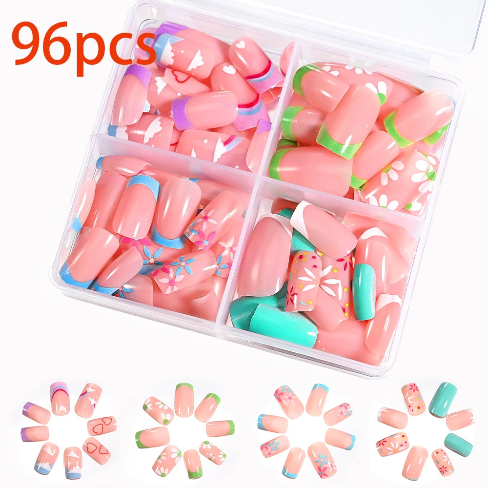 576pcs/Box Colorful Fake Nails Black Red Design, Oval Short Square Press On Mixed Full Cover Nail Tips.