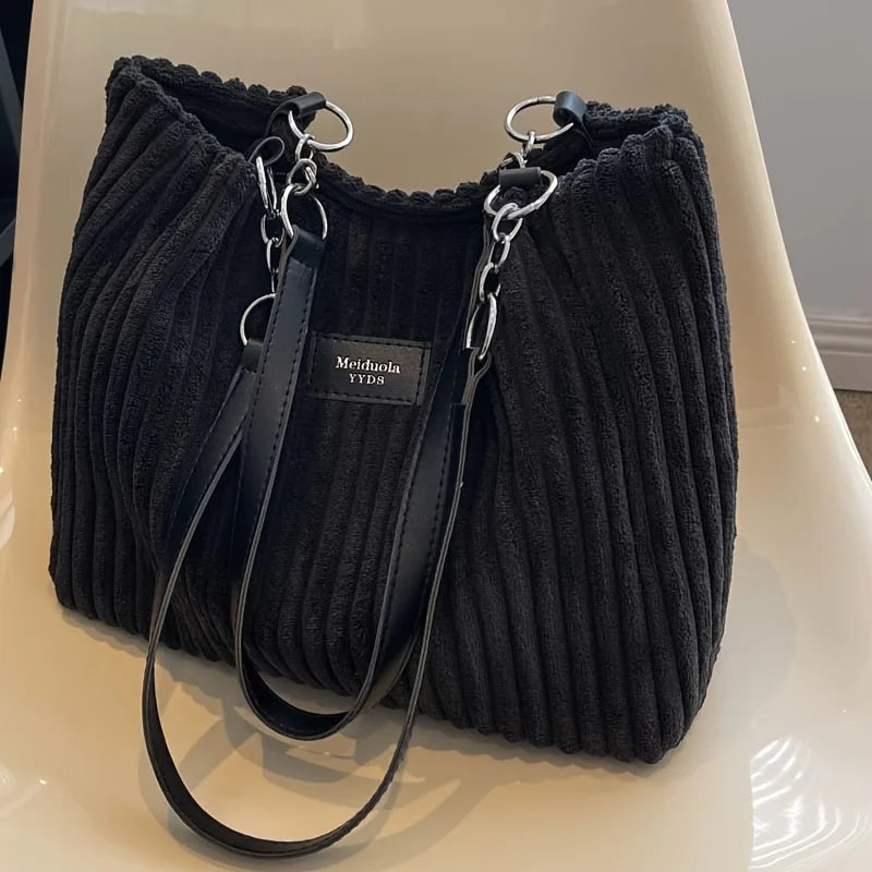 Stylish Corduroy Tote Bag for Women, Large Capacity Plush Shoulder Bag, Versatile Commuter & Travel Bag.