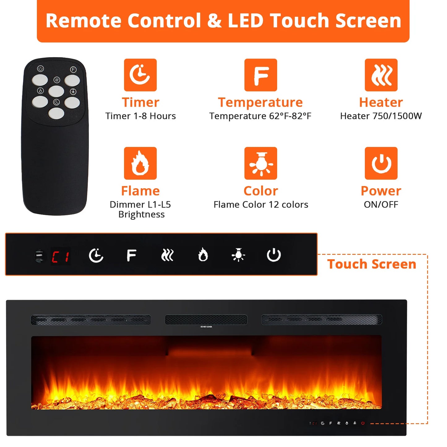 60" Electric Fireplace, 3.85" Ultra-Thin Recessed & Wall Mounted  12 LED Flame Colors