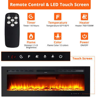 60" Electric Fireplace, 3.85" Ultra-Thin Recessed & Wall Mounted  12 LED Flame Colors