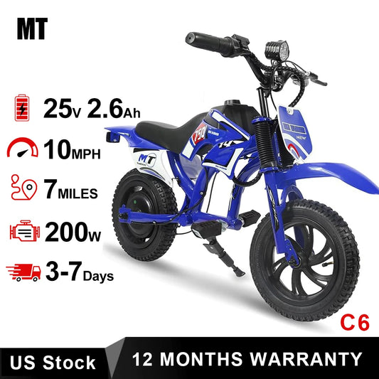 25V Electric Dirt Bike, 200W Electric Motorcycle, Up to 10MPH & 7 Miles Long Range, 3-Speed Modes for Kids Ages 3-10.