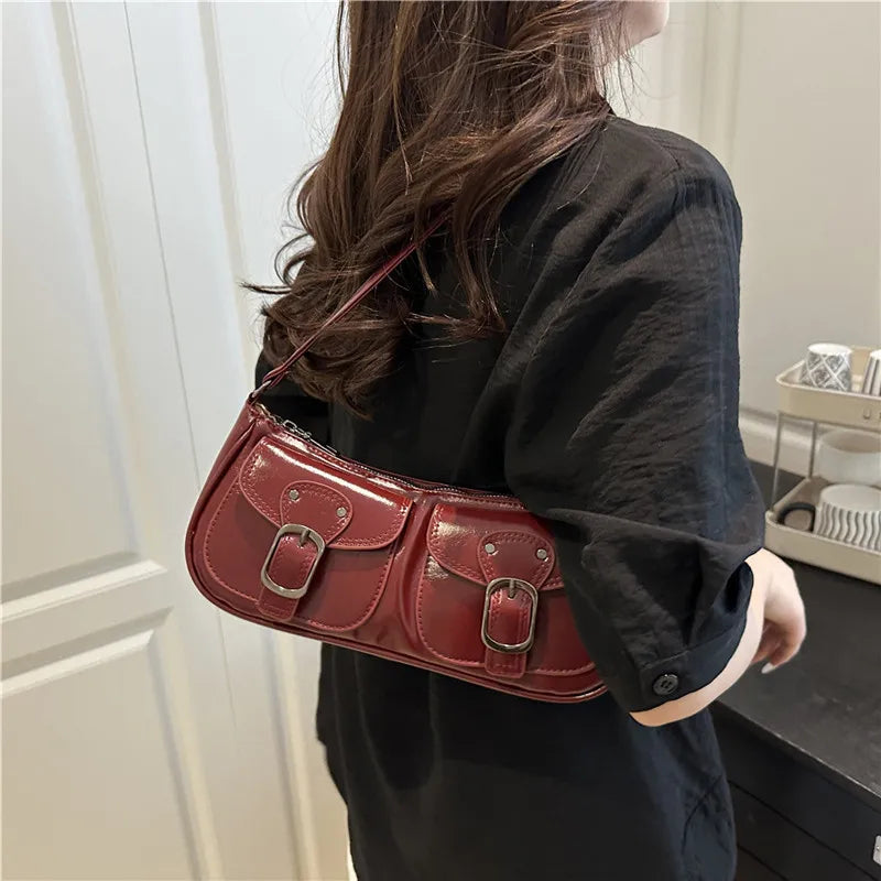 Fashion Pu Leather Women's Shoulder Bag, Small Double Pocket Design Ladies Underarm Bags Y2k. Vintage Female Handbags Clutch Purse