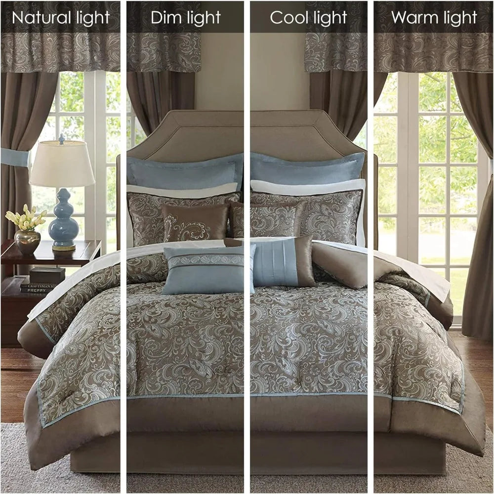 Bristol Collection 24-Piece Bedding Set, with Faux Silk Comforter and Paisley Jacquard Design Curtains.