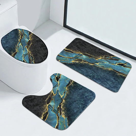 A three piece set of dark green marble pattern can be purchased individually or set together for bathroom carpets