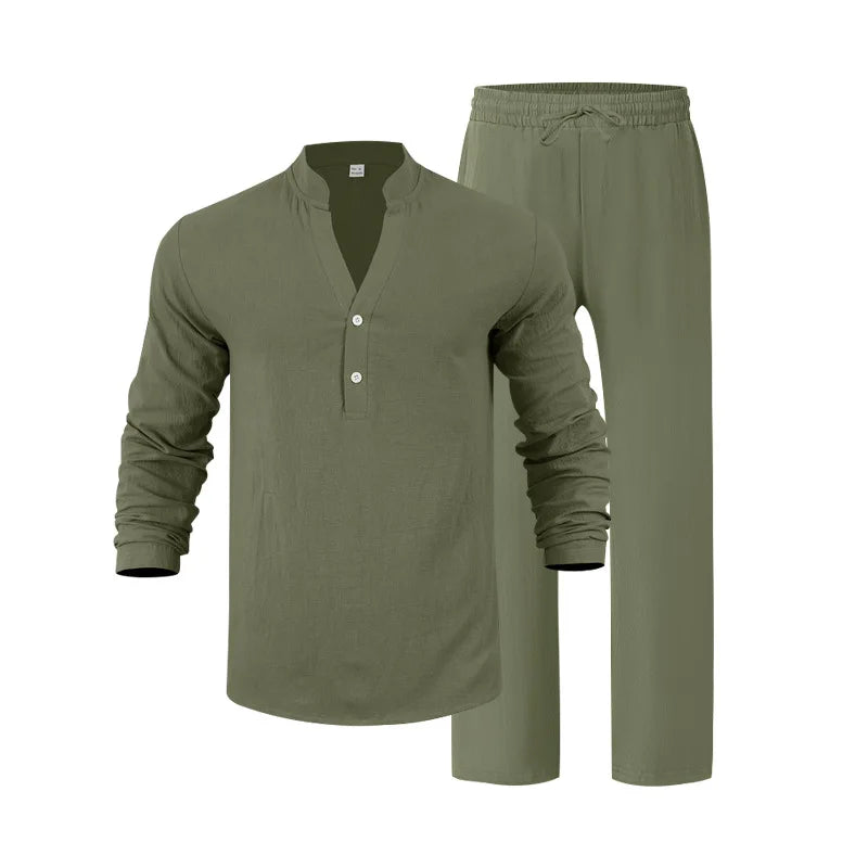Autumn New Men Suit Style Loose Casual Breathable Henley Shirt with Straight-Leg Pants.