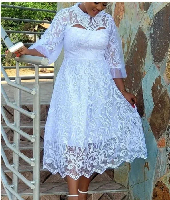 White Lace Dresses for Women , Elegant Turn Down Collar, Puff Sleeves Pleated Hem, Midi Dress Luxury Occasion Clothes.