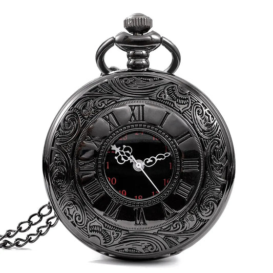1 pcs Steampunk pocket watch, men's chain, necklace, antique charm, black, Roman numerals, quartz, unified fashion.